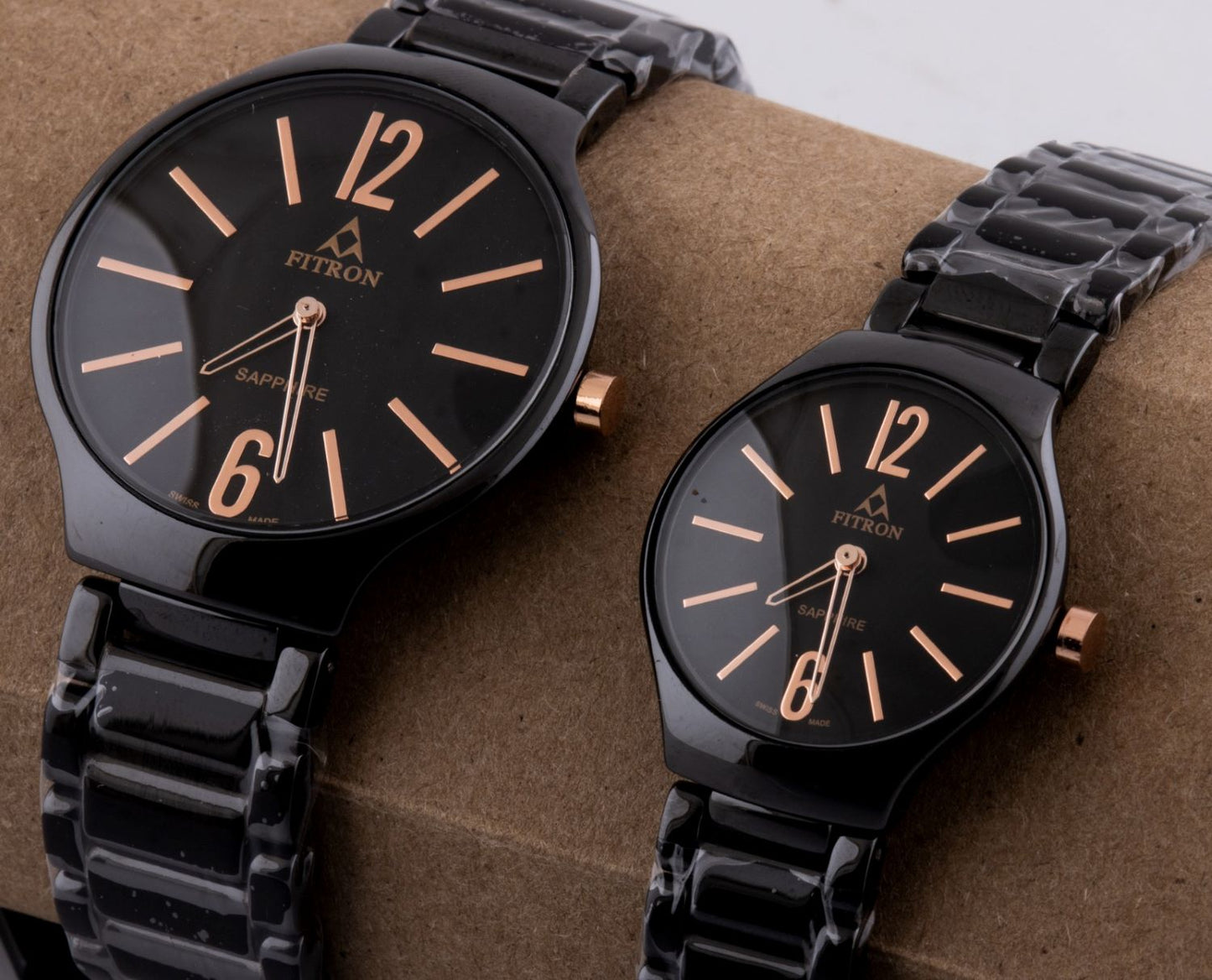 Latest Fitron Pair Watches Black Ceramic Quartz Movement