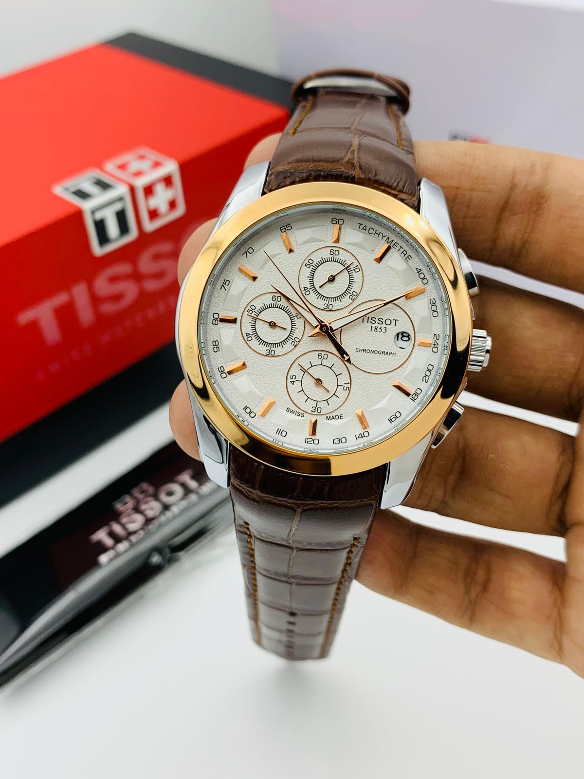 TISSOT Chronograph Men Wrist Watch Leather Straps With Master Lock