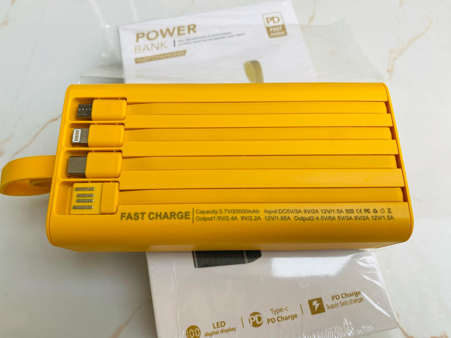 Built-In 4-Cables 20,000 mah 66 watt Ultra Fast Charging Power Bank with LED Lights