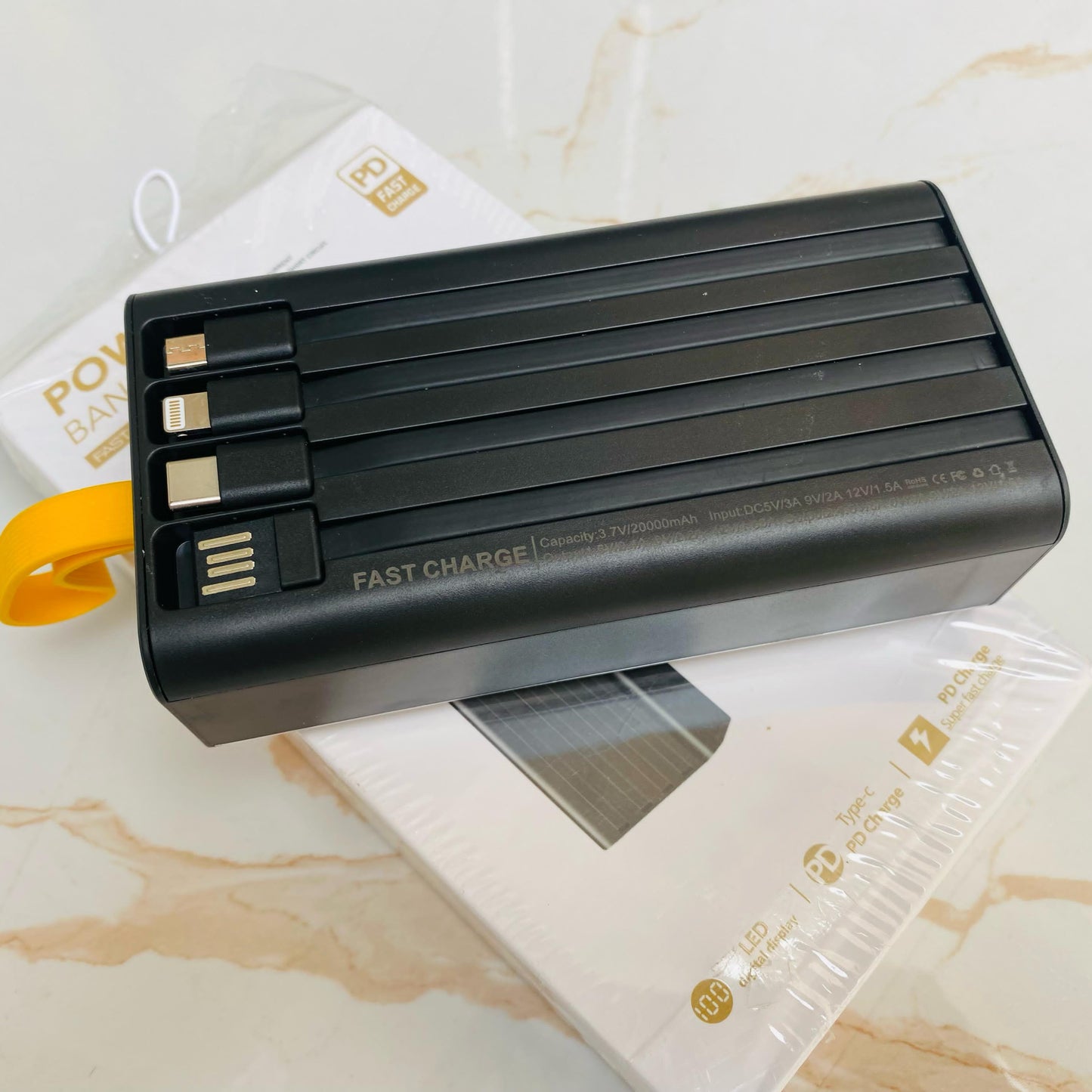 Built-In 4-Cables 20,000 mah 66 watt Ultra Fast Charging Power Bank with LED Lights