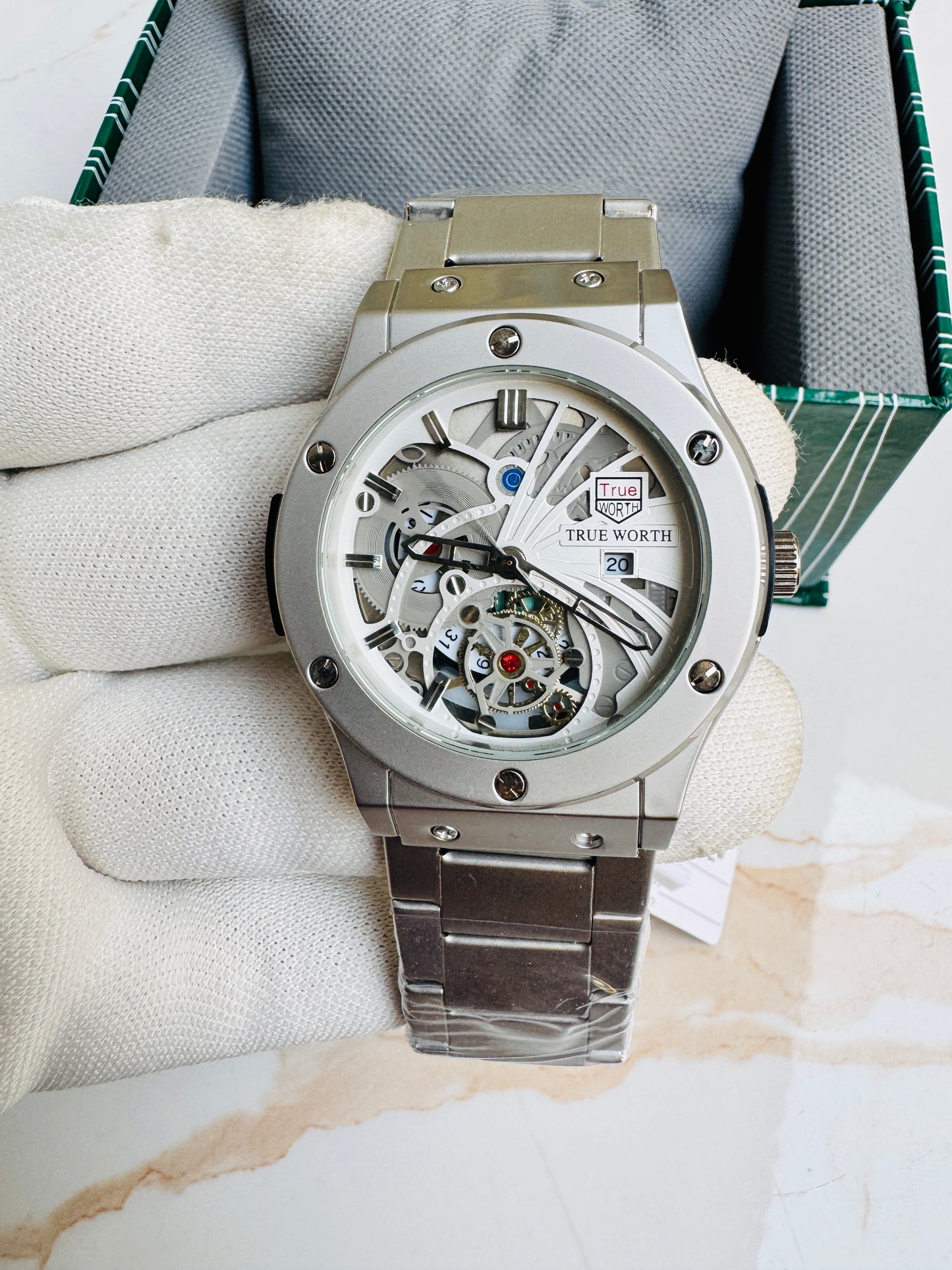 Premium Quality True Worth Skeleton Dial Men Wrist Watches Double Lock