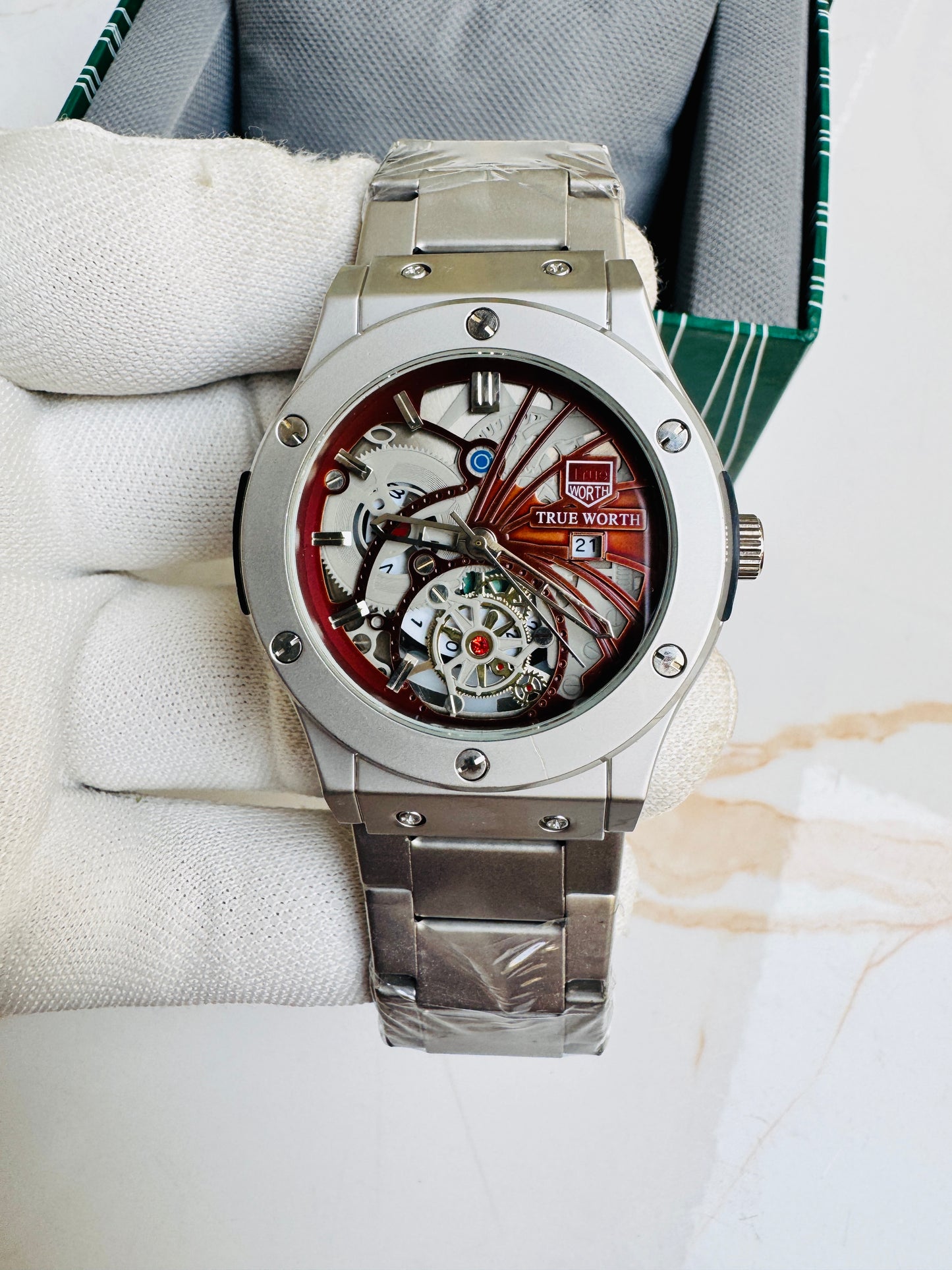 Premium Quality True Worth Skeleton Dial Men Wrist Watches Double Lock