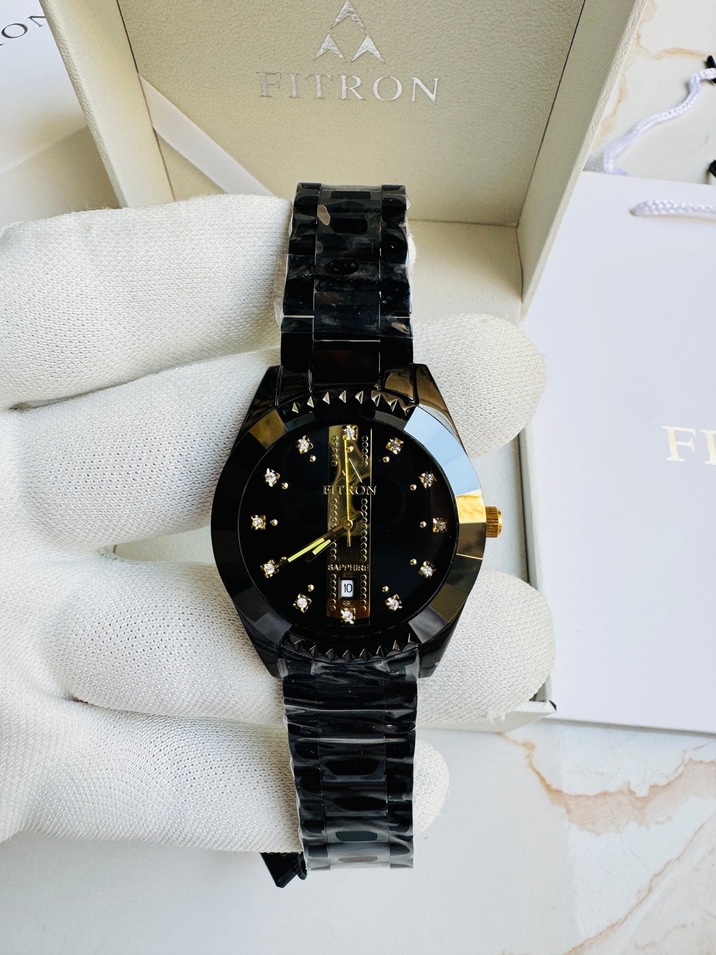 Original FITRON Luxury Black Sapphire Wrist Watch Japan Quartz Movement