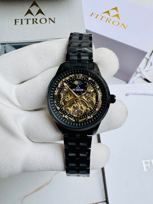 Original FITRON Skeleton Automatic Wrist Watch Black Lovers