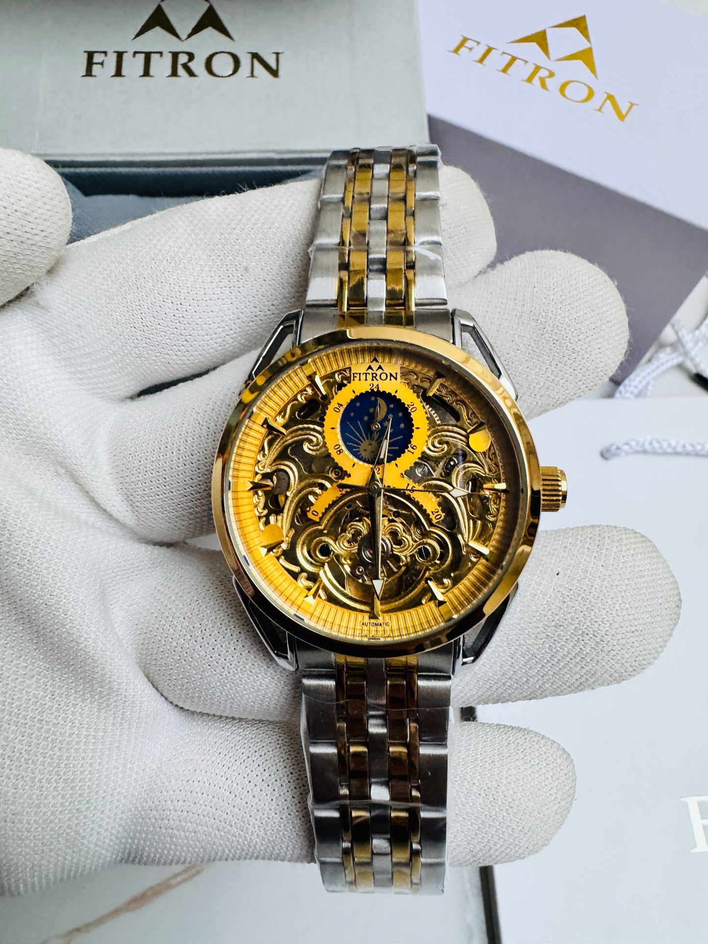 Original FITRON Skeleton Automatic Wrist Watch Moon Face Dial